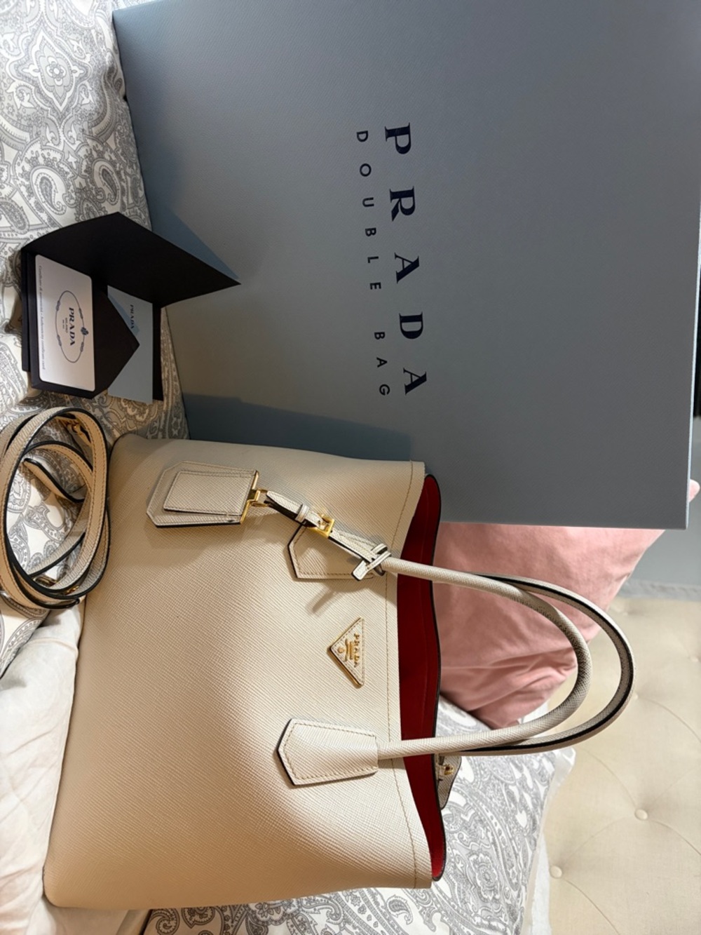 Prada Cream Saffiano Tote with Red Interior and Gold Hardware Double Bag - Picture 2 of 8